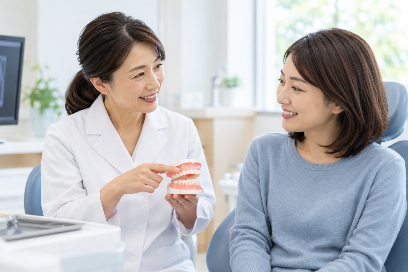 歯科医師が患者に歯の模型を見せながら説明する様子
